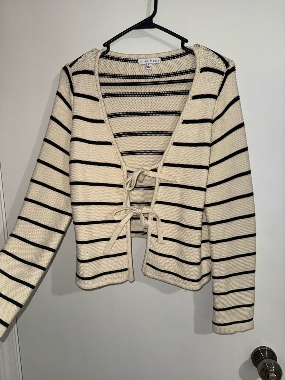 MINKPINK Cream and Black Striped Tie-Front Knit Cardigan